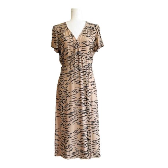 Leith Midi Dress Tan Black Animal Print Short Sleeve Wrap Dress Small NEW - Picture 11 of 11